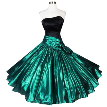 Vintage 80s Black Satin Green Metallic Lamé Foil Full Circle Skirt Prom Gown Party Dress Zum Zum XS S Extra Small Costume Best Queen Iconic 