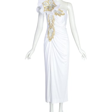 Cache Vintage White Gold Silver Huge Flower ICONIC Carrie Bradshaw Whitney Houston Gown Dress