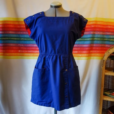 Vintage 80s dress size medium, red and blue color block preppy valley girl retro short sleeve mini dress with pockets 