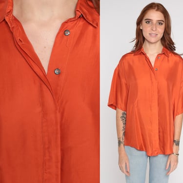 Orange Silk Blouse Y2k Button Up Shirt Retro Boho Plain Simple Short Sleeve Blouse Preppy Basic Button Down Minimalist Vintage 00s Small S 