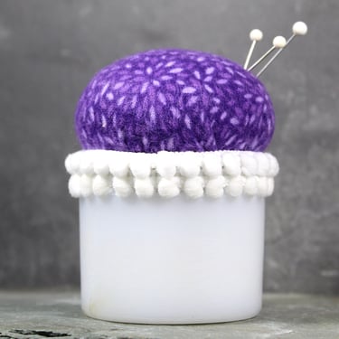 Purple Milk Glass Upcycled Pin Cushion | Upcycled Pin Cushion | Vintage Milk Glass | One of a Kind Gift | Quilter's Gift 
