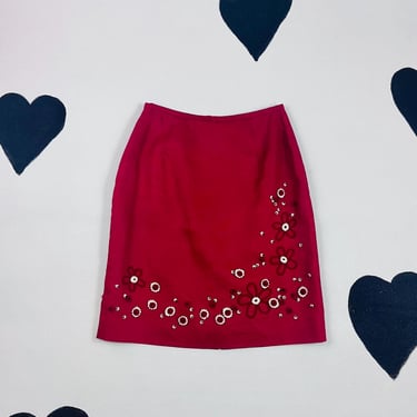 90s Y2k red linen beaded 3D flower skirt 1990s bandanna print sunflower daisy appliqué straight mid thigh skirt 26 high waist size small S 