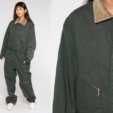 80s Walls Jumpsuit Green Coveralls Workwear Insulated Coverall Pants Quilted Lined Corduroy Collar Vintage 1980s Men's Medium Short 
