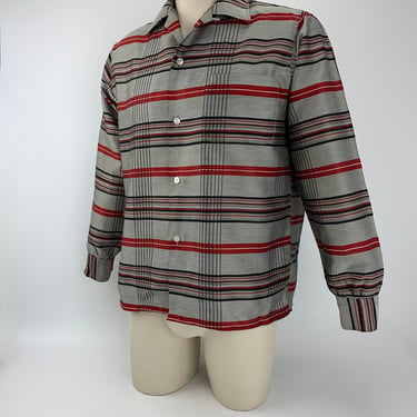 1950's Plaid Shirt -  REIS Label - Acetate / Rayon Blend - Gray, Black & Red Plaid - Loop Collar - Men's Size Medium 