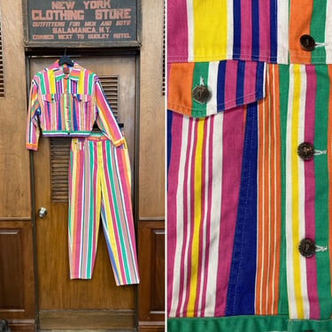 Vintage 1980’s Candy Stripe New Wave Rainbow Denim 2 Piece Outfit, Cropped Jacket & Jeans, 1980’s, Vintage Pant Set, Denim, Rainbow, Candy 