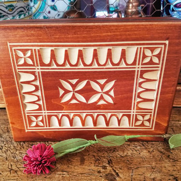 Polish Wood Box~Hand Carved Vintage Box Geometric Design~Playing Card Storage~Jewelry Box~Polish Folk Art~Trinket Box~JewelsandMetals. 