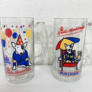 Vintage Glass Mugs Spuds MacKenzie Pair Set of 2 Bud Light Beer Glass Retro Barware 1980s 1987 