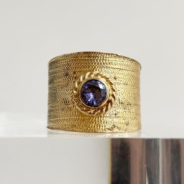Dalia Designer Signed Gold Toned Ribbed Tapered Chunky Shank Solitaire Art Deco Style Sterling Silver Vintage Ring - sz 8 