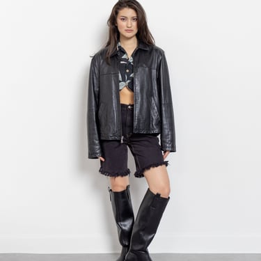 BLACK LEATHER JACKET Vintage Blazer Coat Menswear Woman 90's Oversize / Medium 