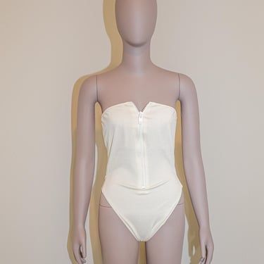 Vintage Guess Swim Off White One Piece Zippered Swimsuit Size 13/14 Bodysuit Beach Vacation Bathing Suit 80s Open Back Cut-Out Swimsuit 
