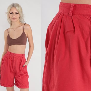 Red Pleated Shorts 80s High Waisted Mom Shorts Pleated Cotton Mid Length Shorts Retro Basic Cuffed Summer Plain Vintage 1980s Extra Small xs 