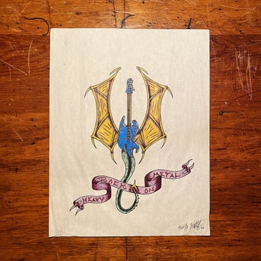 Vintage Tattoo Flash Art of Guitar Dragon - 1992 - Signed Mystery Artist - Original Heavy Metal Artwork - Rock On - 