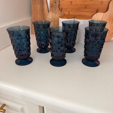 Vintage Cobolt Blue Indiana Whitehall Cubist Tumbler Glasses | Sets of 2 