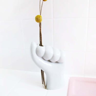 80s Ceramic Hand Vase - White 1980s Dried Flower Holder - Best Friend Gift - Quirky Pop Art Home Decor 