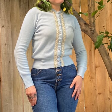 Vintage 1950’s Blue Sweater with Silver Ribbon Detail 