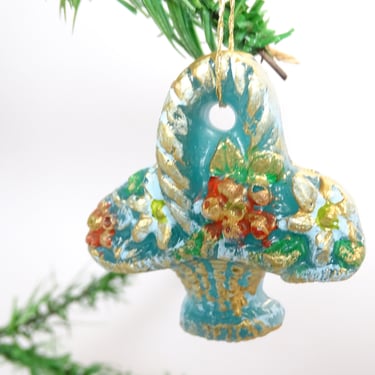 Vintage German Wax Flower Basket Christmas Ornament, Hand Painted Christkindlesmarkt in Nuremberg 