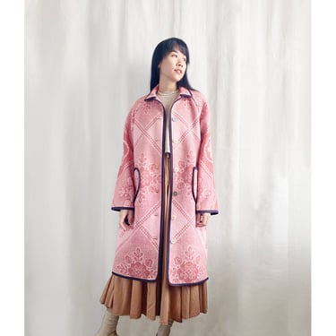 Blanket Oversized Raglan Jacket - vintage 1960s wool blend blanket floral pink navy contrast women's Extra long winter coat one-of-a-kind 