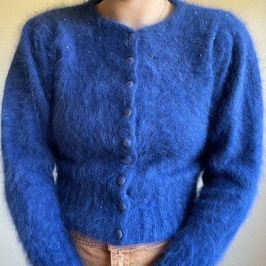 Womens Cobalt Blue Angora Blend Fluffy Fuzzy Soft Sexy Cardigan Sz XS 