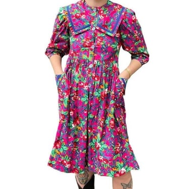 Vintage Womens Wee Clancy Rainbow Retro Wide Collar Mini Floral Folk Dress Sz S 
