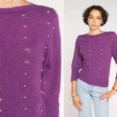 Purple Knit Sweater 80s Puff Sleeve Sweater Pearl Beaded Cutout Silk Angora Wool Blend Pullover Jumper Cut Out Retro Vintage 1980s Small S 