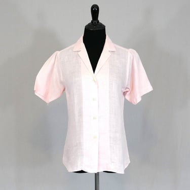 60s Light Pink Linen Blouse - Alan Paine Colour Mate - Button Front - Short Sleeves - Vintage 1960s - S 