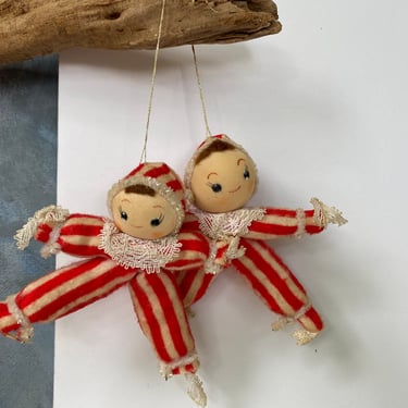 Vintage Twin Girl Or Boy Ornaments, Red And White Striped Flannel Pajamas, Lace Trim, Christmas Ornaments, 4th Of July Wreath 