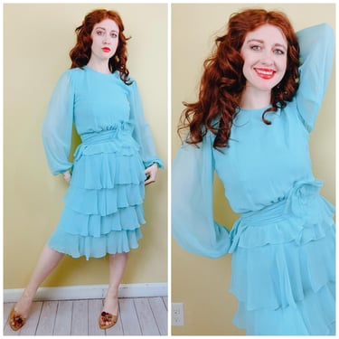 1980s Vintage Sky Blue Chiffon Ruffled Dress / 80s Fit and Flare Rosette Belt Gown / Size Small 