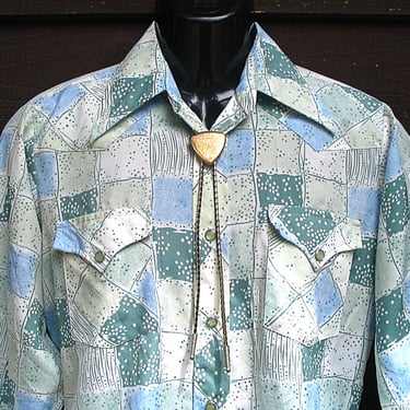 H Bar C Vintage Western Men Cowboy Rodeo Shirt Disco Rockabilly Print Green Blue White Long Sleeve Approx. Medium (see meas. photo) 