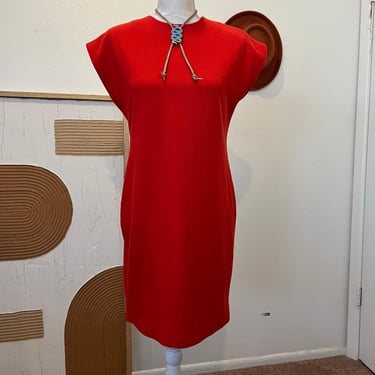 Vintage 1970s Red Knitted Mod Cap Sleeveless Zipper Back Mini Dress - Medium 