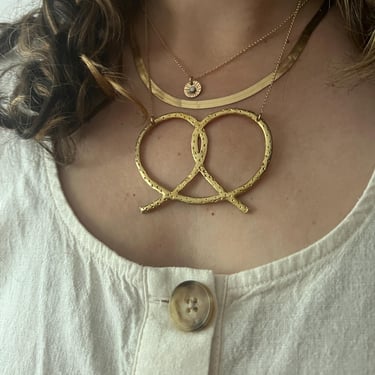 Super Pretzel Brass Necklace On 14k Gold-Filled Chain Handmade cast solid brass pretzel pendant new york food snack 