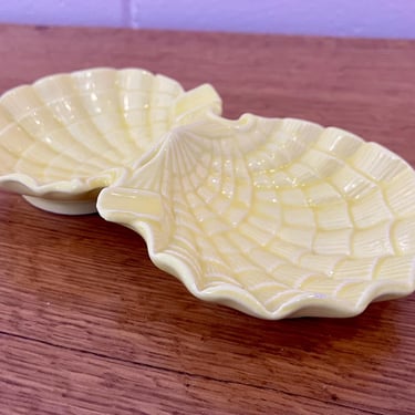 Vintage 1970s MCM Yellow Seashell Glazed Ceramic Ashtray Trinket Dish 