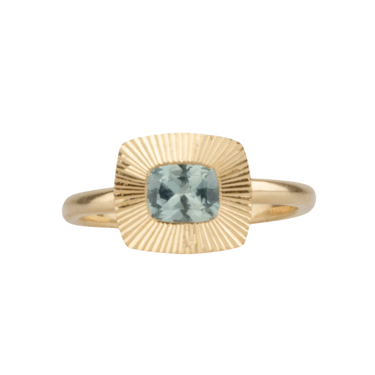 East-West Light Teal Cushion Montana Sapphire Aurora Ring — Corey Egan Trunk Show