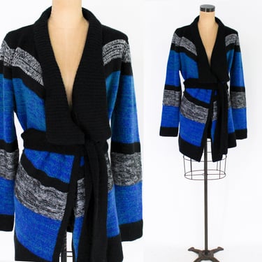 1990s Blue & Gray Stripe Cardigan | 90s Blue Wrap Sweater | MODA International | Medium 