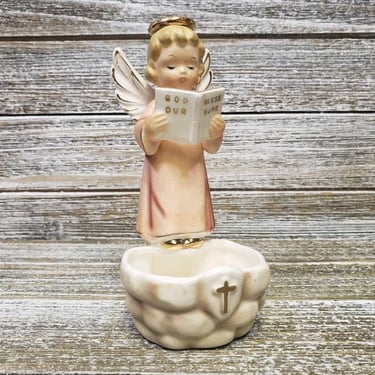 Vintage God Bless Our Home Angel Holy Water Font Figurine, Japan Porcelain Christian Religion Wall Pocket, New 1st Home Housewarming Gift 