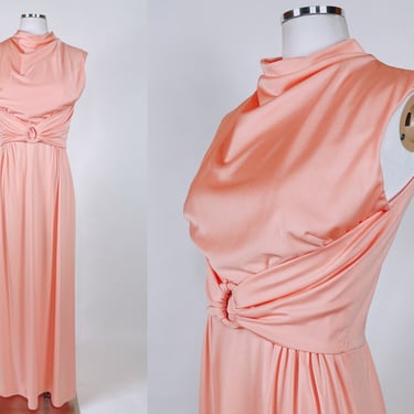 Vintage 60s - 70s Handmade Peach High Neck Maxi Gown w Built in Belt Size XS/S | Hostess Dress, Formal, Lightweight, Spring, Disco 