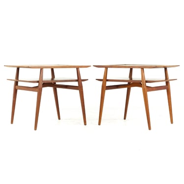 Bertha Schaefer for Singer & Sons American Mid-Century Two-Tier Walnut and Laminate Side End Tables - Pair - mcm 