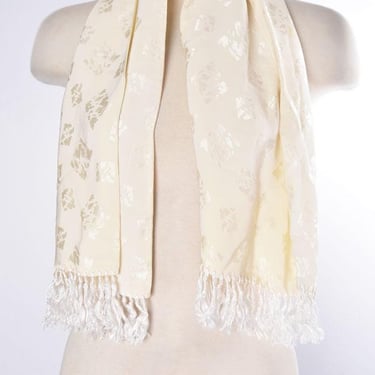 Art Deco White Opera Scarf 1920's, 1930's Ivory Rayon Damask Fringe Men's Antique By Nouveau De Luxe, Vintage 