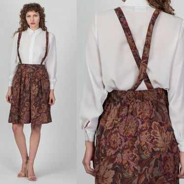 80s Tapestry Floral Suspender Dress - Large | Vintage Brown High Waist Pinafore Mini Dress 