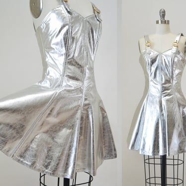 90s Metallic Silver Leather Party Dress by Esotica Pelle// 90s Leather Dress Silver Club Party Tank Dress Size XXS XS Silver Dancer Dress 