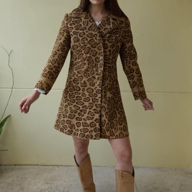 1960s Suede Leopard Printed Jacket / Cheetah Printed Leather Warm Pea Coat / Brown Suede Leather Mod Jacket 