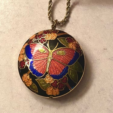 Vintage Cloisonne Enamel Butterfly Pendant Necklace Twisted Rope Chain 