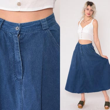 Denim Midi Skirt 90s Blue Jean Skirt High Waisted A-Line Pocket Skirt Ankle Length Retro Basic Plain Simple Blue Vintage 1990s Cotton Small 