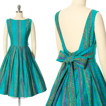 Vintage 1950s 1960s Sundress | 50s 60s Striped Cotton Teal Open Back Full Skirt Big Bow Fit and Flare Day Dress (small) 
