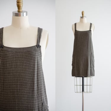 plaid overall dress 90s y2k vintage Eileen Fisher black plaid pinafore mini dress 