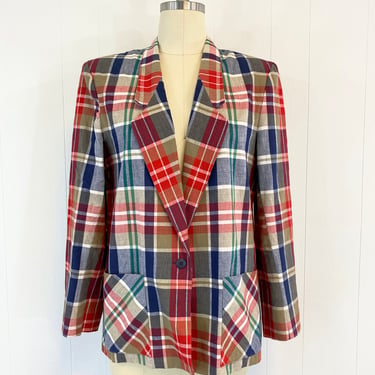 Vintage 80s Plaid Blazer with Pockets |  Boxy Jacket with Shoulder Pads | Size 16 