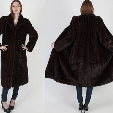 Mid Length Mink Coat Mahogany / Womens Mink Fur Jacket With Pockets / Vintage 70s Long Real Fur Luxurious Overcoat 