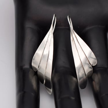 70's sterling graduated feather rigid hippie dangles, minimalist 925 silver curved palm frond earrings 