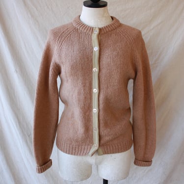 60s Wool Ribbon Trim Cardigan Dusty Pink Apricot Size S / M 