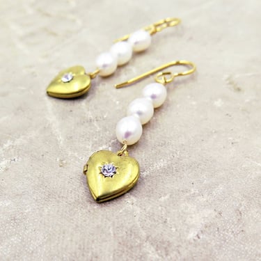 Heart and Pearl Earrings, Tiny Locket Earrings with Pearls, Freshwater Pearl Jewelry, Mid Century Modern, Vintage Starburst Heart Lockets 
