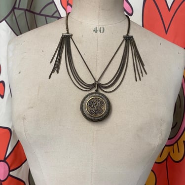 Vintage style bronze necklace with large monogram locket and chain fringe multi 